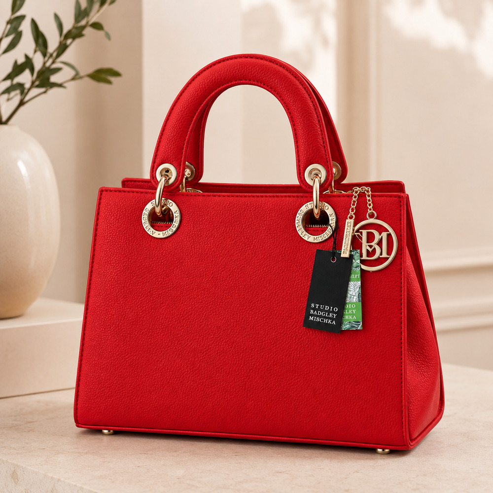 Studio Badgley Mischka Big Logo Eyelet Tote Red Top Handle Strap Convertible